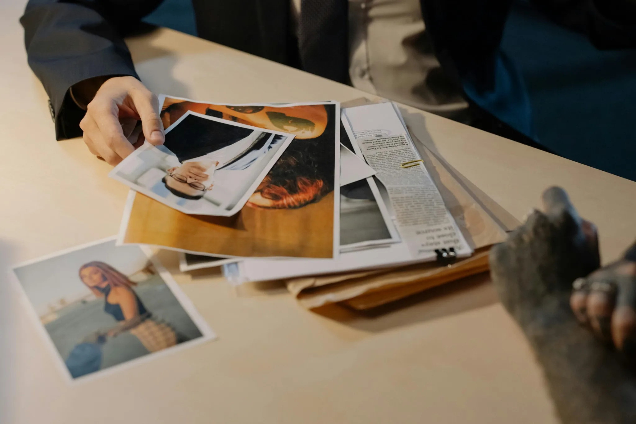 pexels-photo-8382238-8382238 Close-up of a detective examining evidence photos on a table during an investigation.