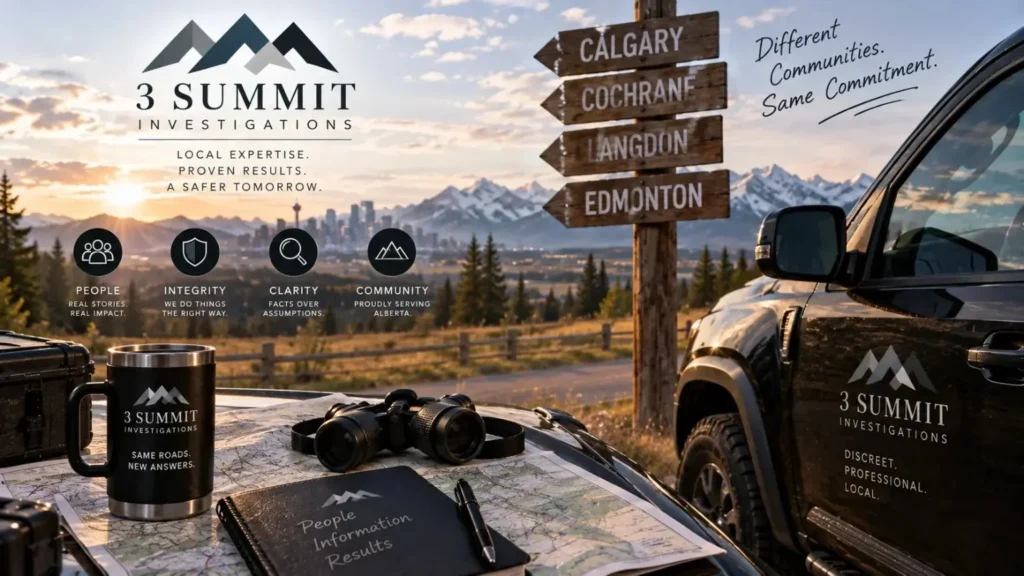 3 Summit Investigations graphic with a Cochrane direction sign and Alberta landscape