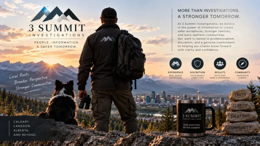 Illustrated 3 Summit Investigations community and values graphic overlooking Alberta