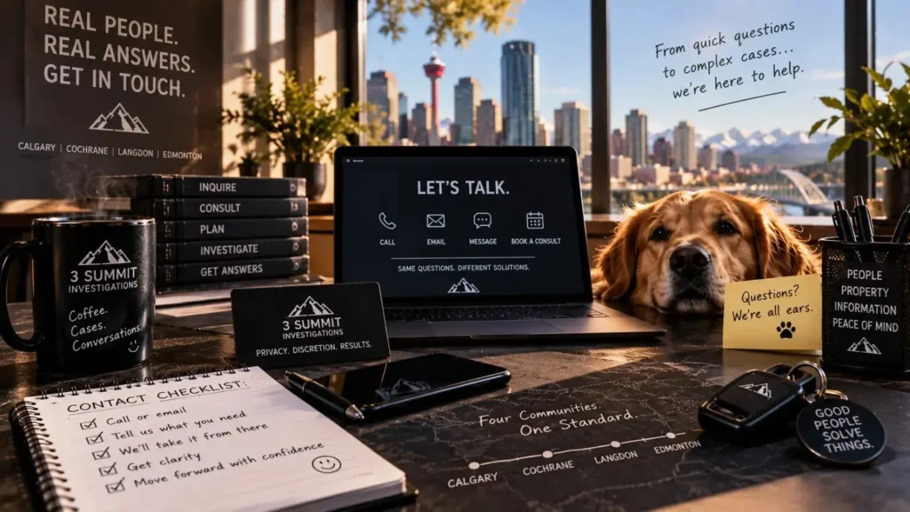 Illustrated 3 Summit Investigations contact desk with a dog and Calgary skyline
