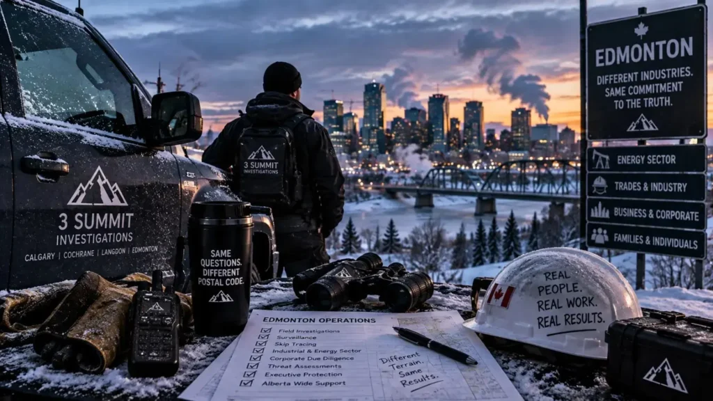 Illustration of an Edmonton investigation scene overlooking the city