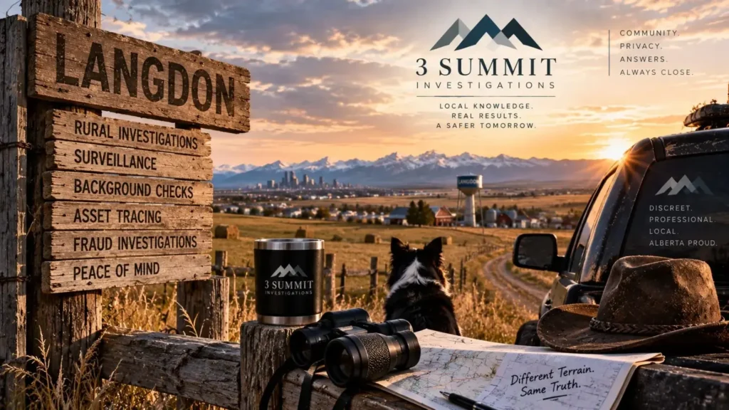 Illustrated Langdon area investigation scene with 3 Summit Investigations branding.