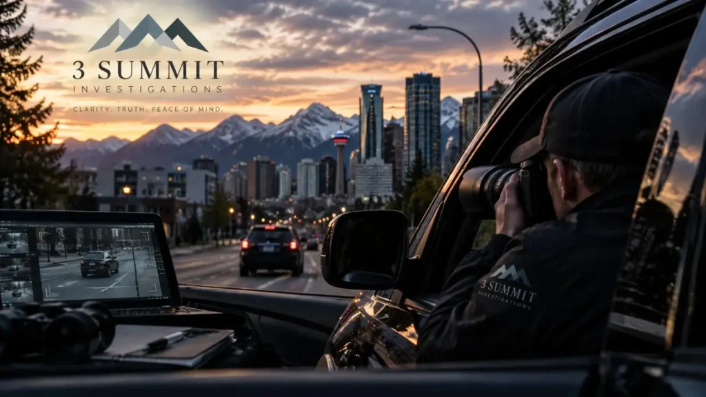 Illustrated surveillance scene with an investigator photographing a vehicle in Calgary