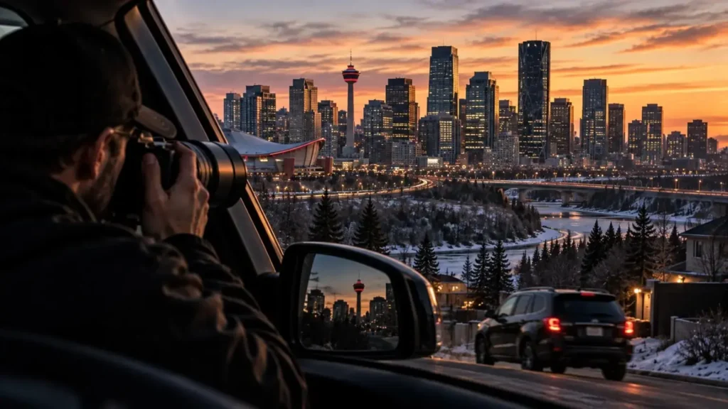 Private investigator conducting surveillance overlooking the Calgary skyline