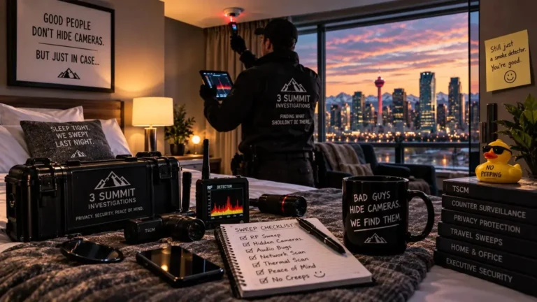 Illustrated investigator checking a room for hidden cameras